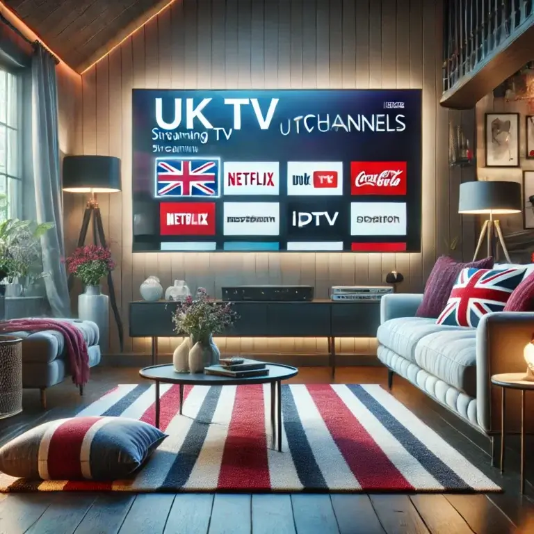 IP TV UK TV - smart TV showing UK channels with red and white decor for a modern setup."