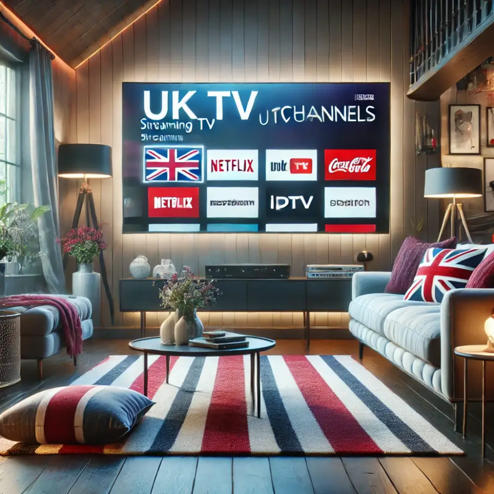 IP TV UK TV - smart TV showing UK channels with red and white decor for a modern setup."
