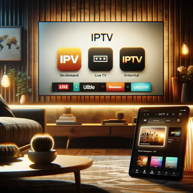 Buy IPTV - modern living room with smart TV and tablet displaying IPTV streaming options for on-demand movies, live TV, and international channels.