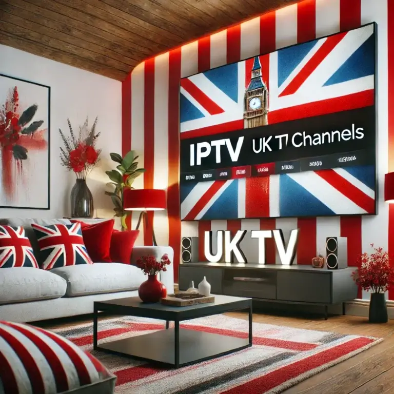 IPTV UK TV - smart TV displaying UK channels and streaming options for 2024.