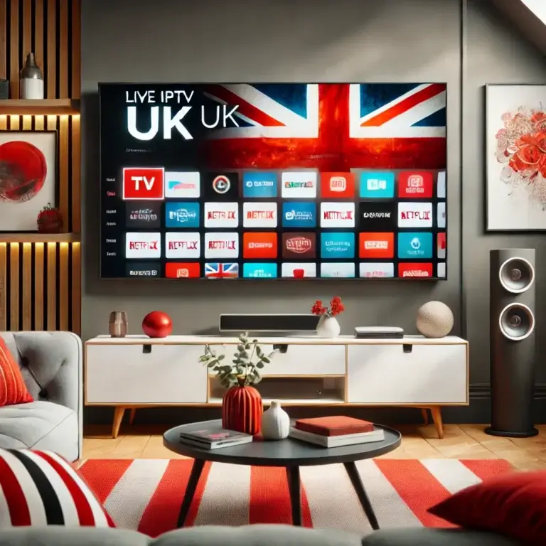 Modern UK living room with a large TV streaming IPTV UK TV, featuring red and white accents in decor for a cozy, stylish streaming environment